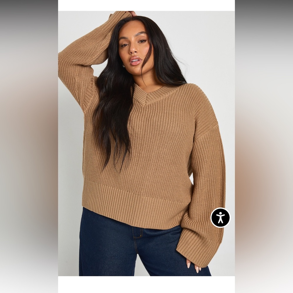 Boohoo Plus Taupe V-Neck Sweater